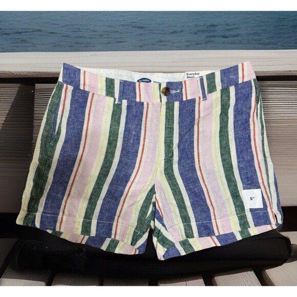 NWT Old  Navy LINEN Shorts Sz 10 Blue Pink Green Red‎ Yellow Striped Linen Blend - Picture 1 of 4